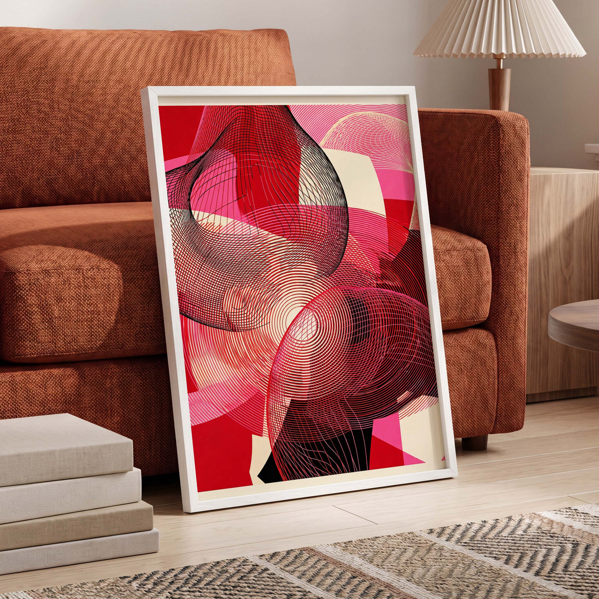 Crimson Frequencies, red, pink, black abstract wall art displayed in a styled interior, gallery view 5