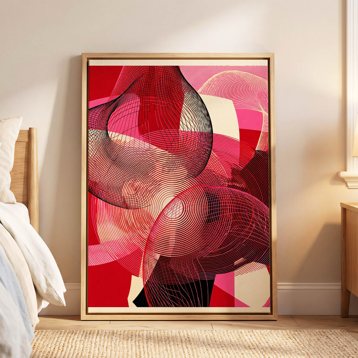 Crimson Frequencies, red, pink, black abstract wall art displayed in a styled interior, gallery view 6