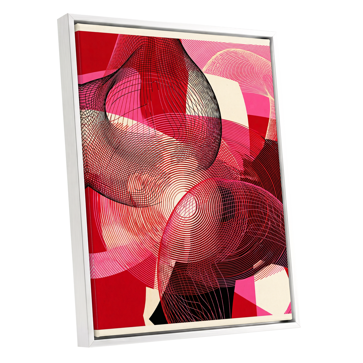 Crimson Frequencies, red, pink, black abstract wall art shown as a white framed canvas wall art