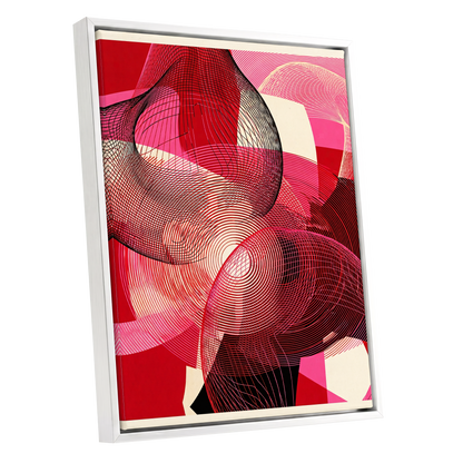 Crimson Frequencies, red, pink, black abstract wall art shown as a white framed canvas wall art