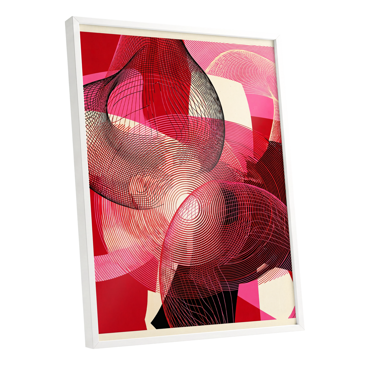 Crimson Frequencies, red, pink, black abstract wall art shown as a white framed poster wall art print