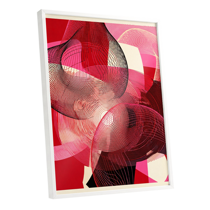 Crimson Frequencies, red, pink, black abstract wall art shown as a white framed poster wall art print