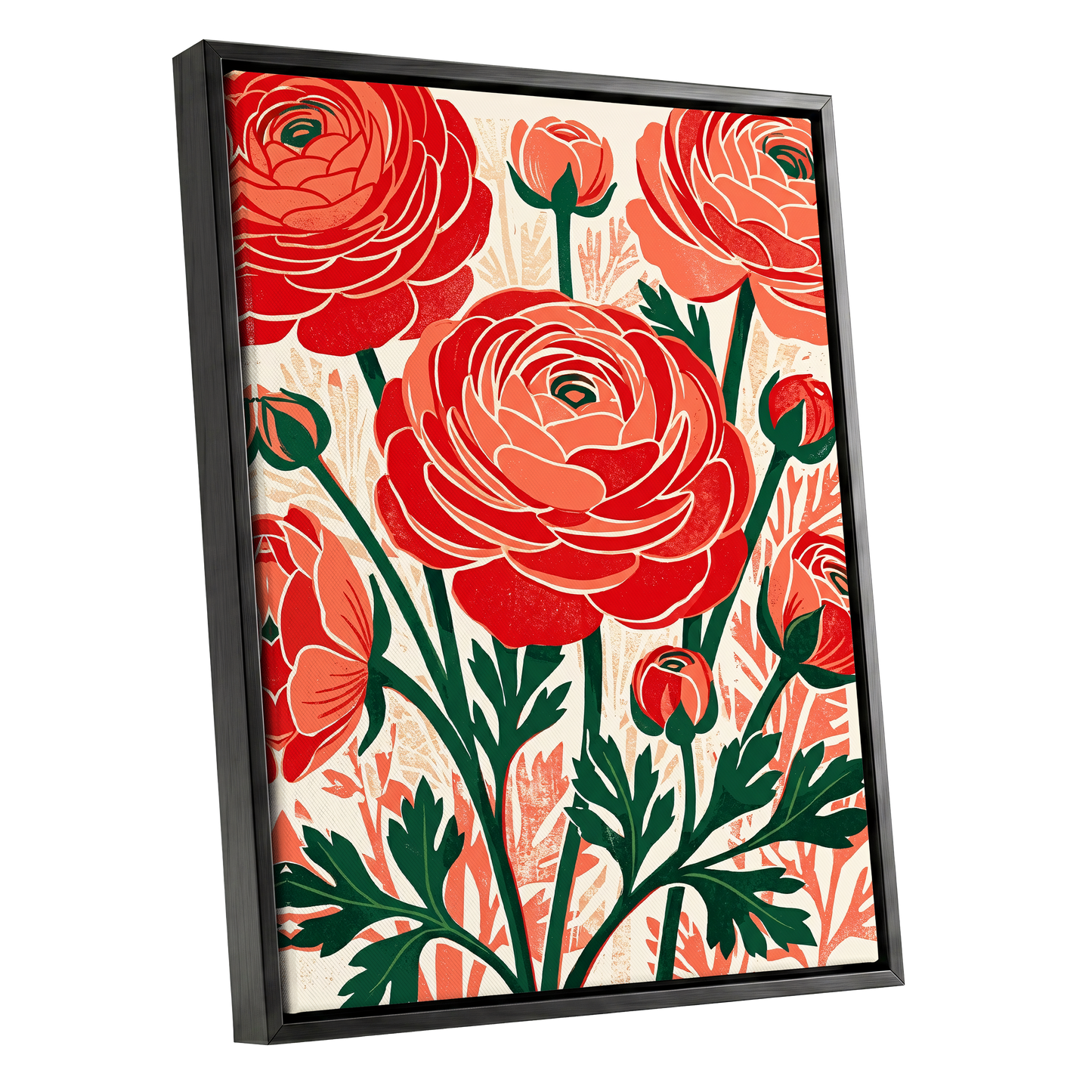 Crimson Garden Rhythm, red, green, beige floral wall art shown as a black framed canvas wall art