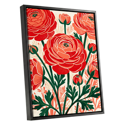 Crimson Garden Rhythm, red, green, beige floral wall art shown as a black framed canvas wall art