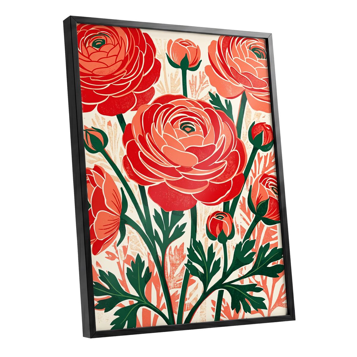 Crimson Garden Rhythm, red, green, beige floral wall art shown as a black framed poster wall art print