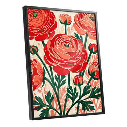 Crimson Garden Rhythm, red, green, beige floral wall art shown as a black framed poster wall art print