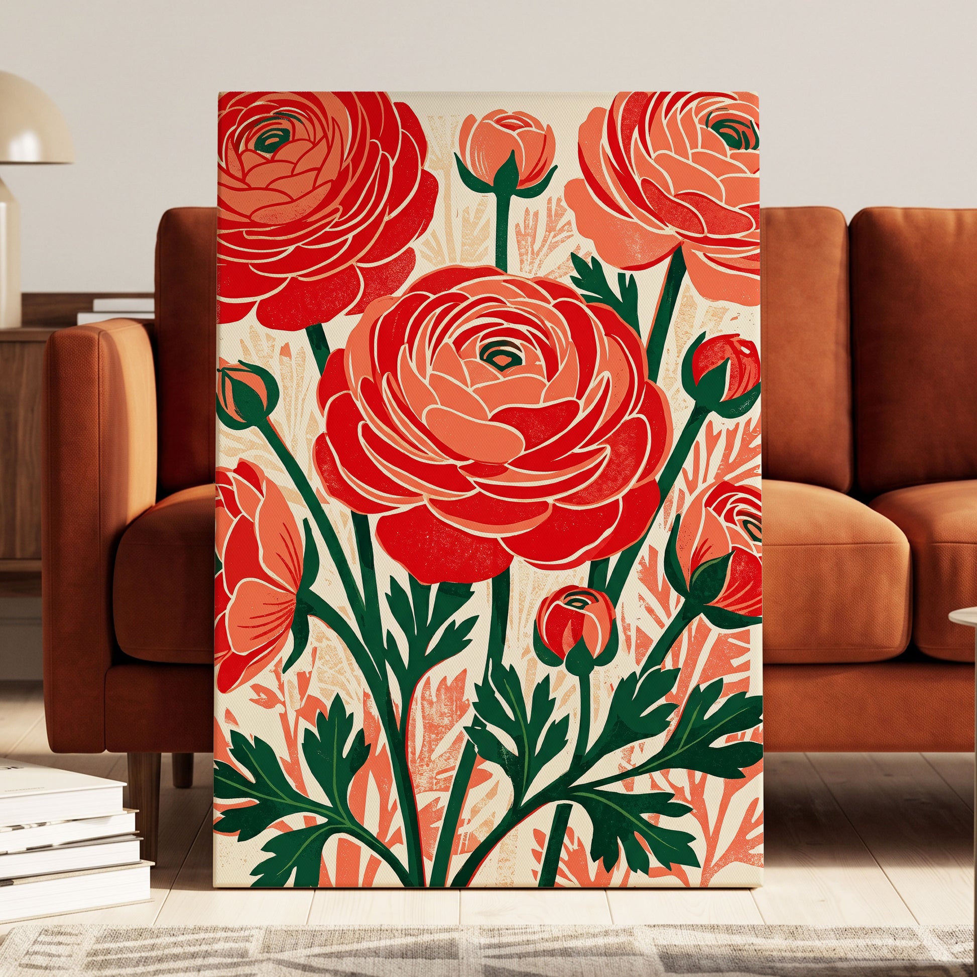 Crimson Garden Rhythm, red, green, beige floral wall art on canvas displayed in a styled interior, gallery view 1