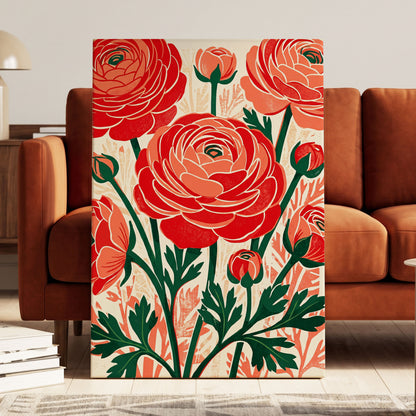 Crimson Garden Rhythm, red, green, beige floral wall art on canvas displayed in a styled interior, gallery view 1