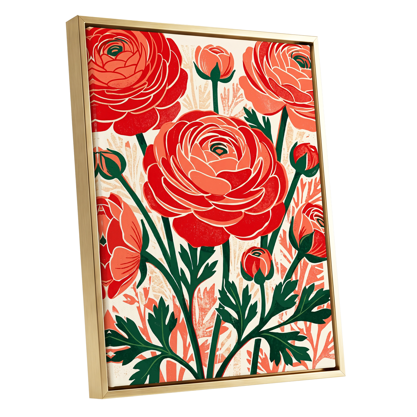 Crimson Garden Rhythm, red, green, beige floral wall art shown as a gold framed canvas wall art