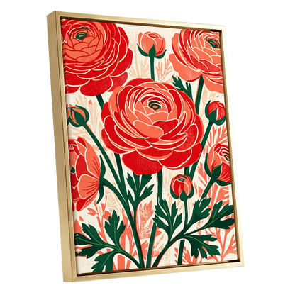 Crimson Garden Rhythm, red, green, beige floral wall art shown as a gold framed canvas wall art