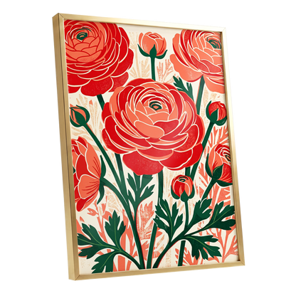 Crimson Garden Rhythm, red, green, beige floral wall art shown as a gold framed poster wall art print