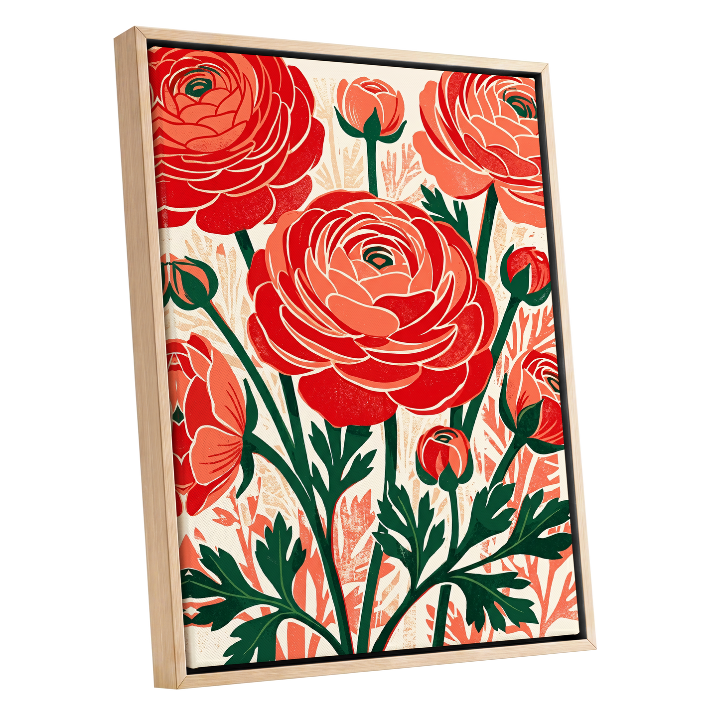 Crimson Garden Rhythm, red, green, beige floral wall art shown as a oak framed canvas wall art