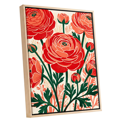 Crimson Garden Rhythm, red, green, beige floral wall art shown as a oak framed canvas wall art