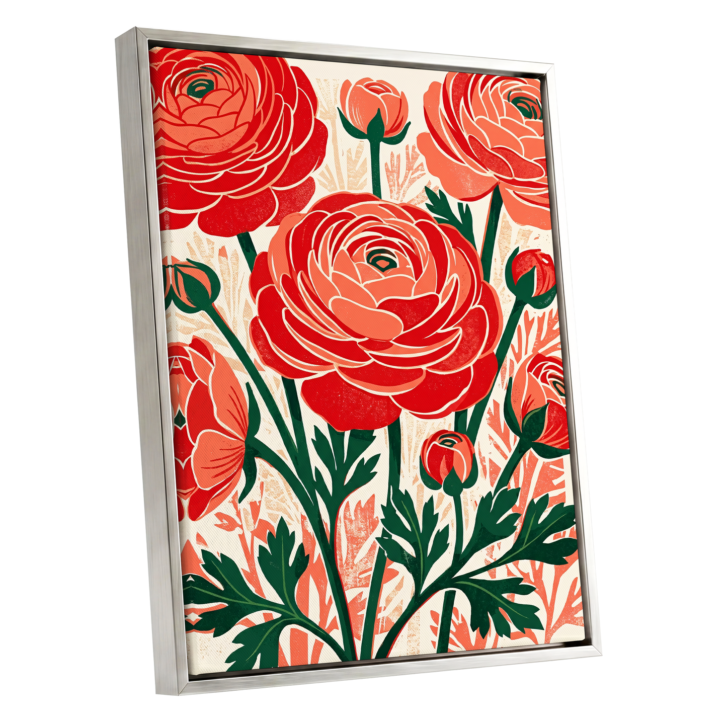 Crimson Garden Rhythm, red, green, beige floral wall art shown as a silver framed canvas wall art