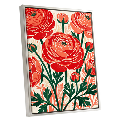 Crimson Garden Rhythm, red, green, beige floral wall art shown as a silver framed canvas wall art