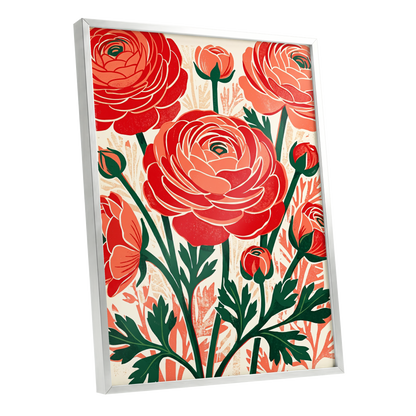 Crimson Garden Rhythm, red, green, beige floral wall art shown as a silver framed poster wall art print