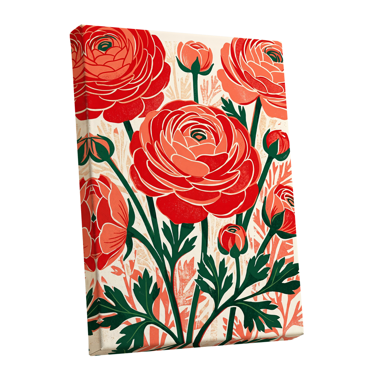 Crimson Garden Rhythm, red, green, beige floral wall art shown as a stretched canvas wall art