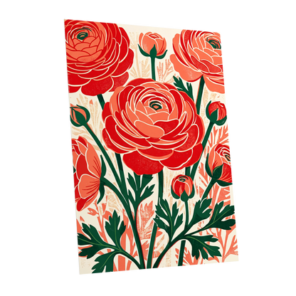 Crimson Garden Rhythm, red, green, beige floral wall art shown as a unframed poster wall art print