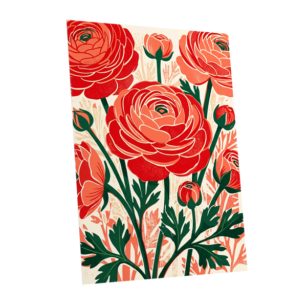 Crimson Garden Rhythm, red, green, beige floral wall art shown as a unframed poster wall art print
