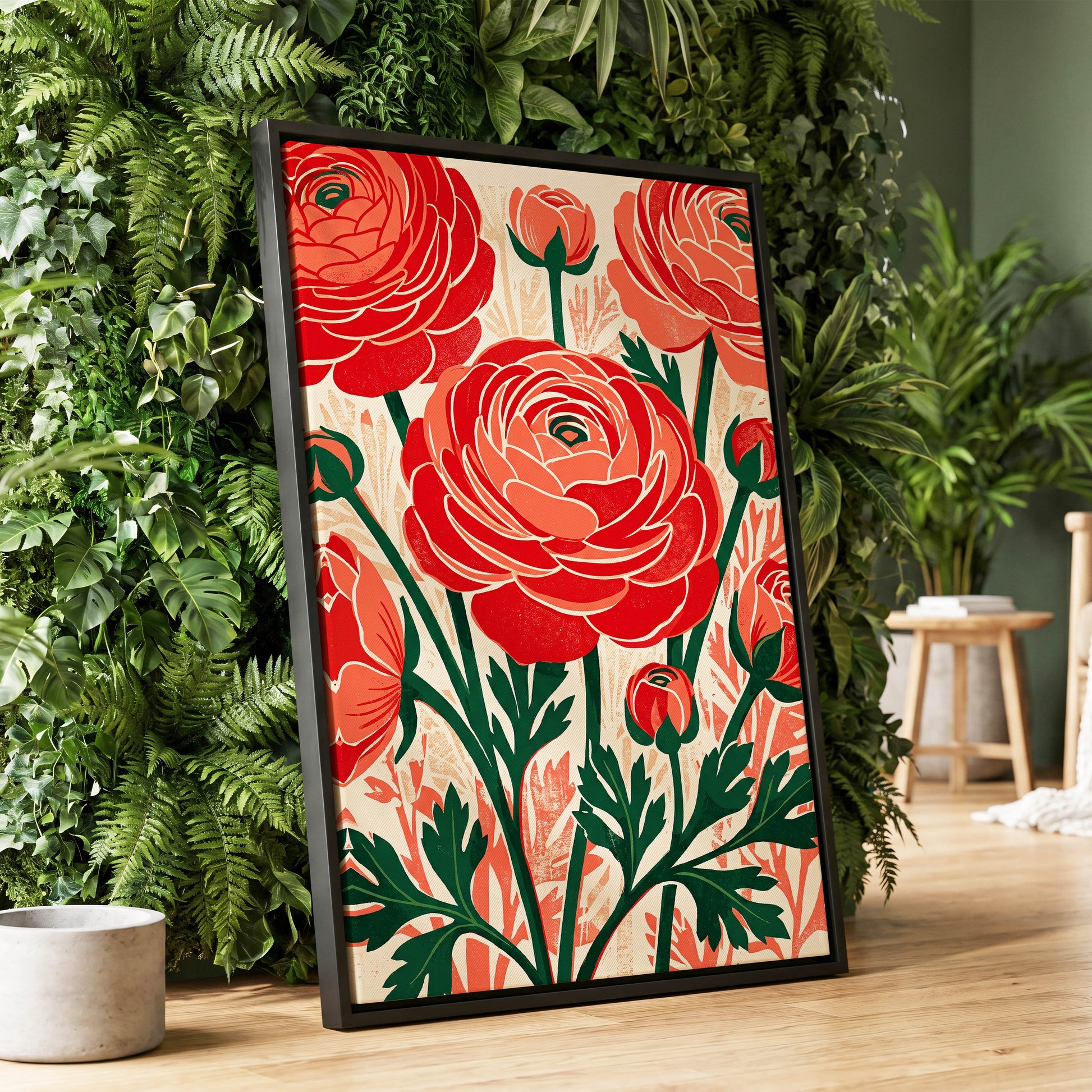 Crimson Garden Rhythm, red, green, beige floral wall art displayed in a styled interior, gallery view 1