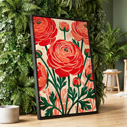 Crimson Garden Rhythm, red, green, beige floral wall art displayed in a styled interior, gallery view 1