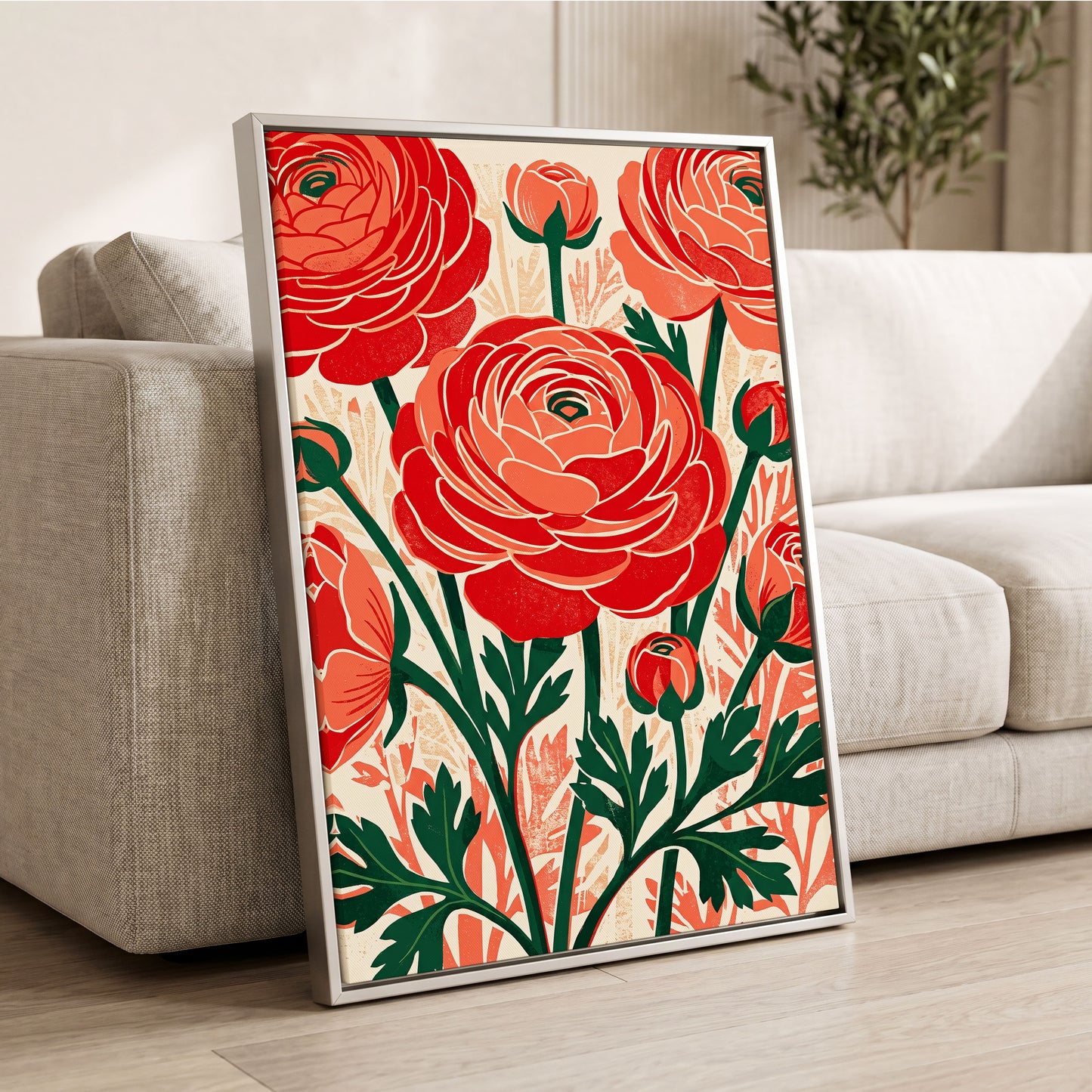 Crimson Garden Rhythm, red, green, beige floral wall art displayed in a styled interior, gallery view 2