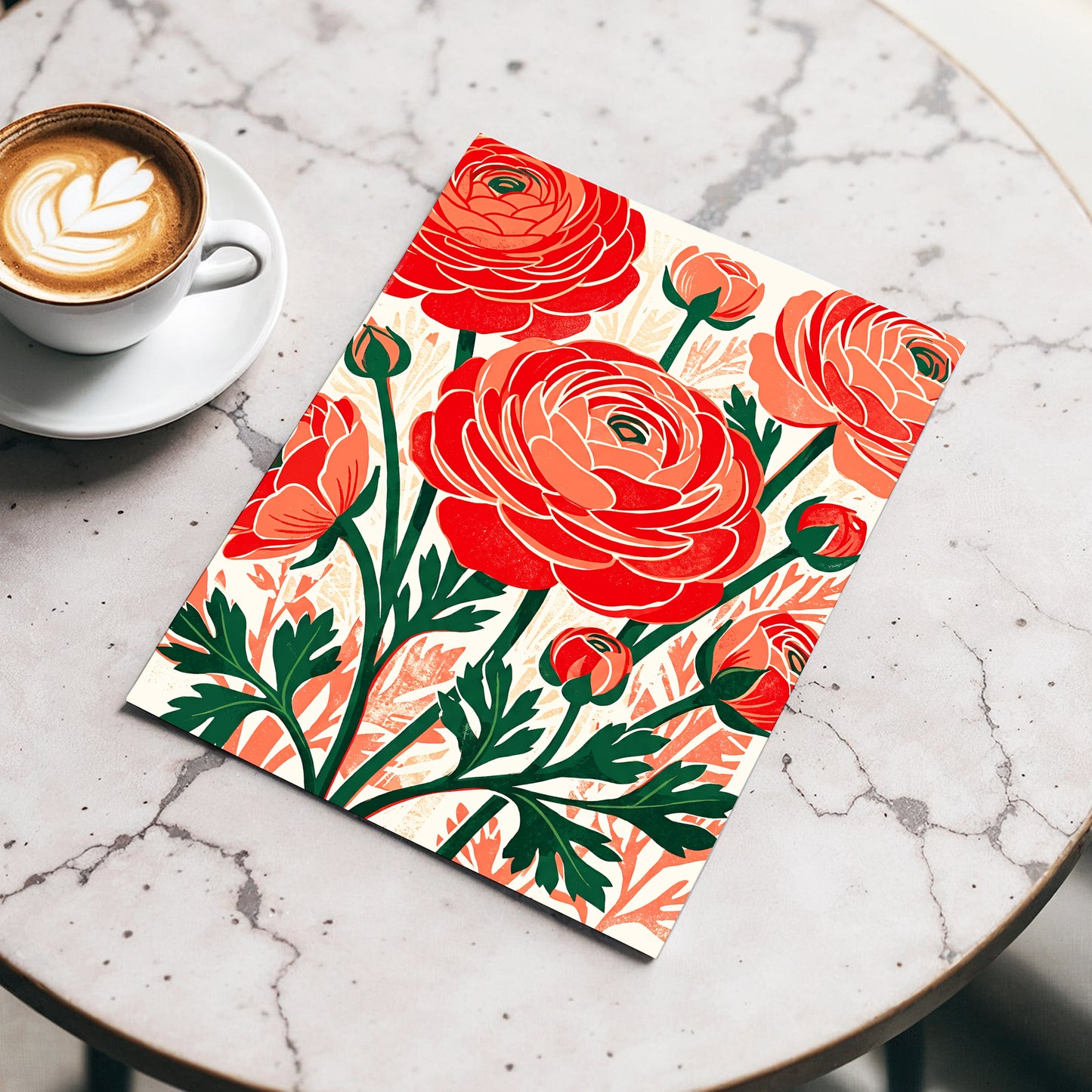 Crimson Garden Rhythm, red, green, beige floral wall art displayed in a styled interior, gallery view 3