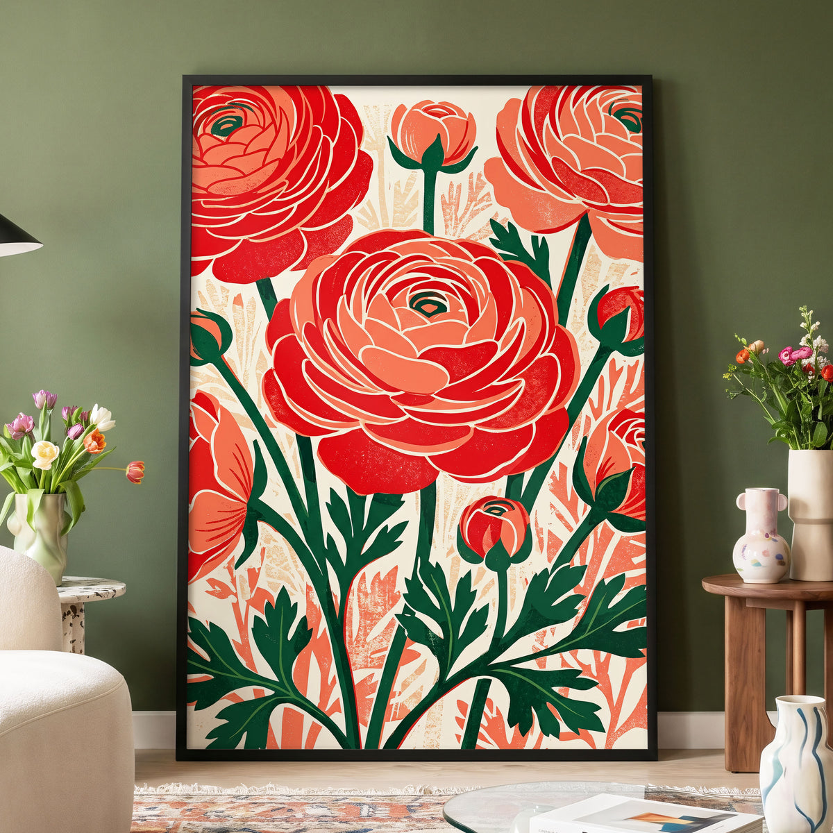 Crimson Garden Rhythm, red, green, beige floral wall art displayed in a styled interior, gallery view 4
