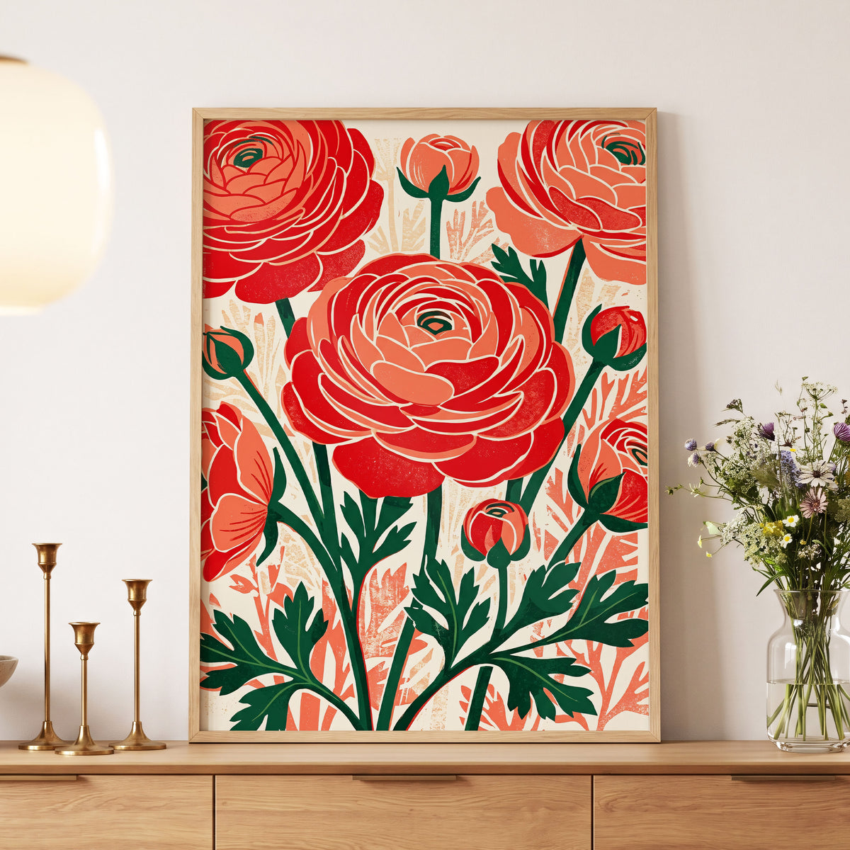 Crimson Garden Rhythm, red, green, beige floral wall art displayed in a styled interior, gallery view 5