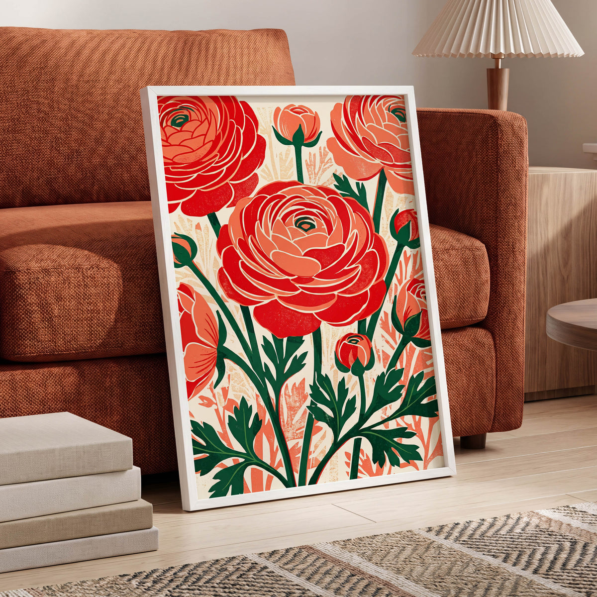 Crimson Garden Rhythm, red, green, beige floral wall art displayed in a styled interior, gallery view 6