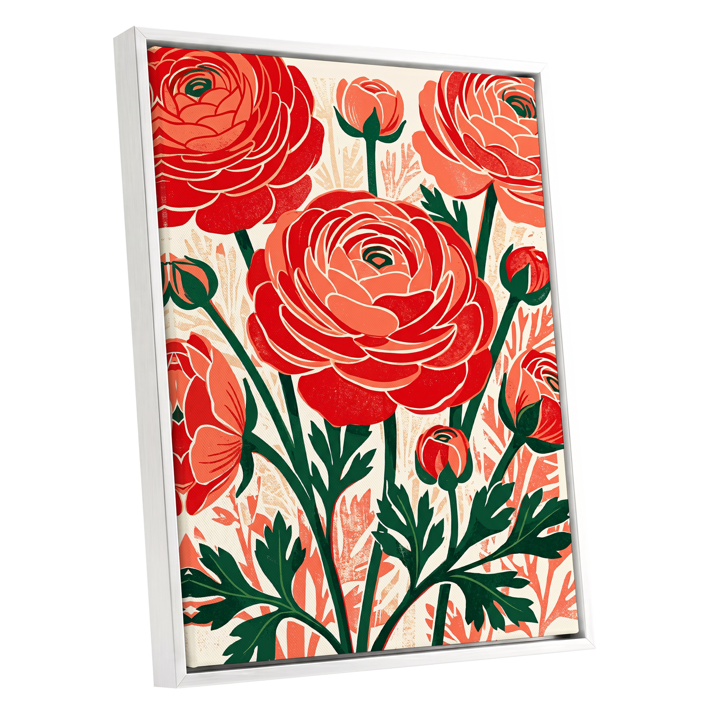 Crimson Garden Rhythm, red, green, beige floral wall art shown as a white framed canvas wall art
