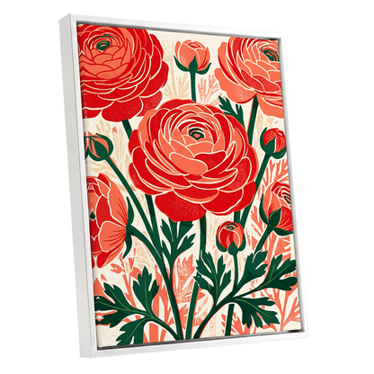 Crimson Garden Rhythm, red, green, beige floral wall art shown as a white framed canvas wall art