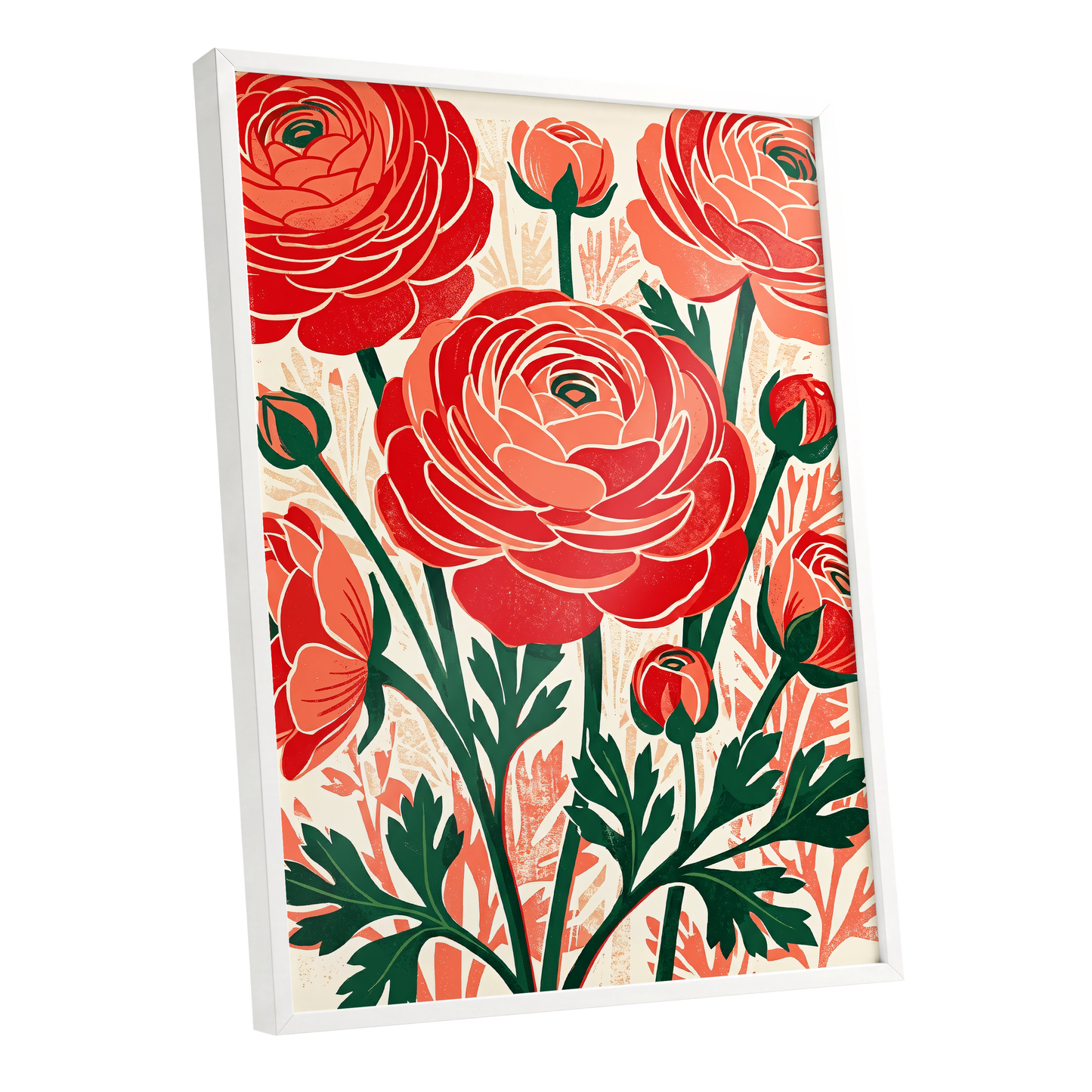 Crimson Garden Rhythm, red, green, beige floral wall art shown as a white framed poster wall art print