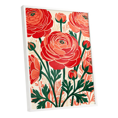 Crimson Garden Rhythm, red, green, beige floral wall art shown as a white framed poster wall art print