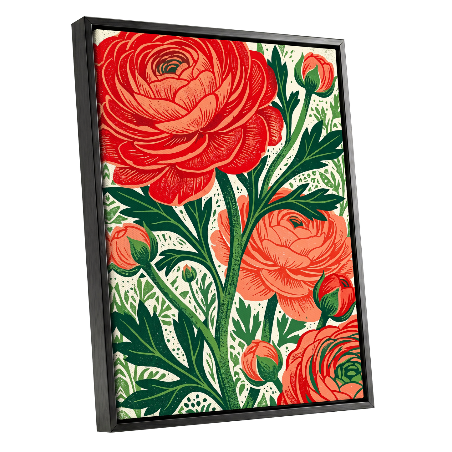 Crimson Garden Rise, red, green, beige floral wall art shown as a black framed canvas wall art