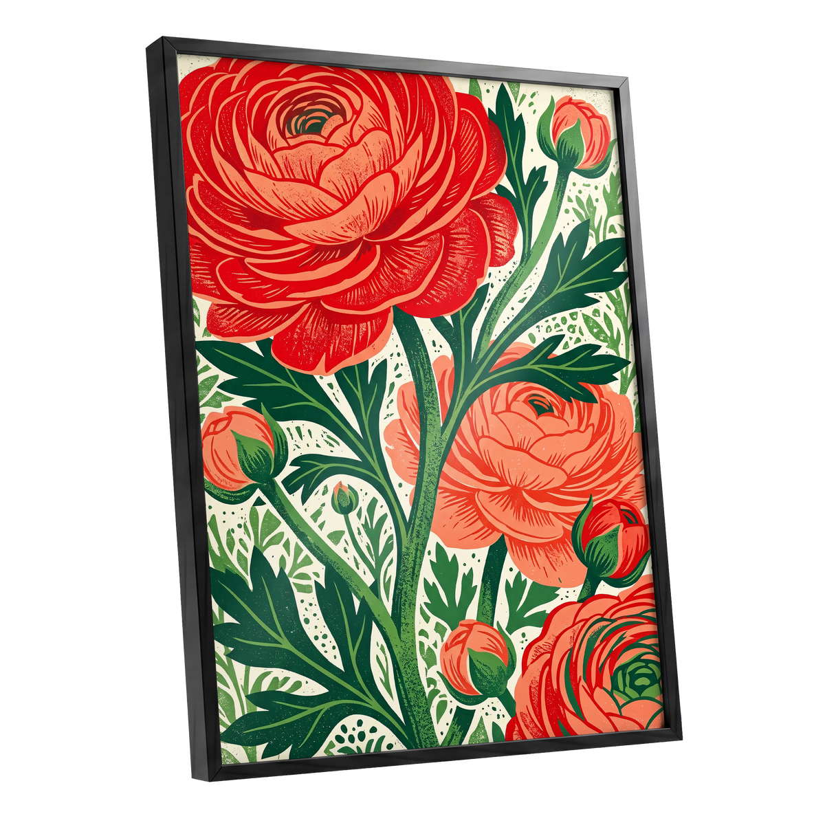 Crimson Garden Rise, red, green, beige floral wall art shown as a black framed poster wall art print