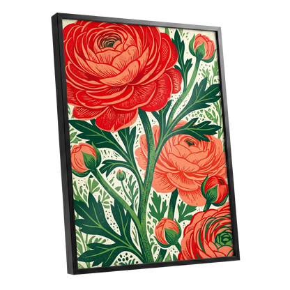 Crimson Garden Rise, red, green, beige floral wall art shown as a black framed poster wall art print