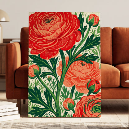 Crimson Garden Rise, red, green, beige floral wall art on canvas displayed in a styled interior, gallery view 1