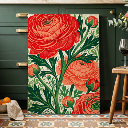 Crimson Garden Rise, red, green, beige floral wall art on canvas displayed in a styled interior, gallery view 2