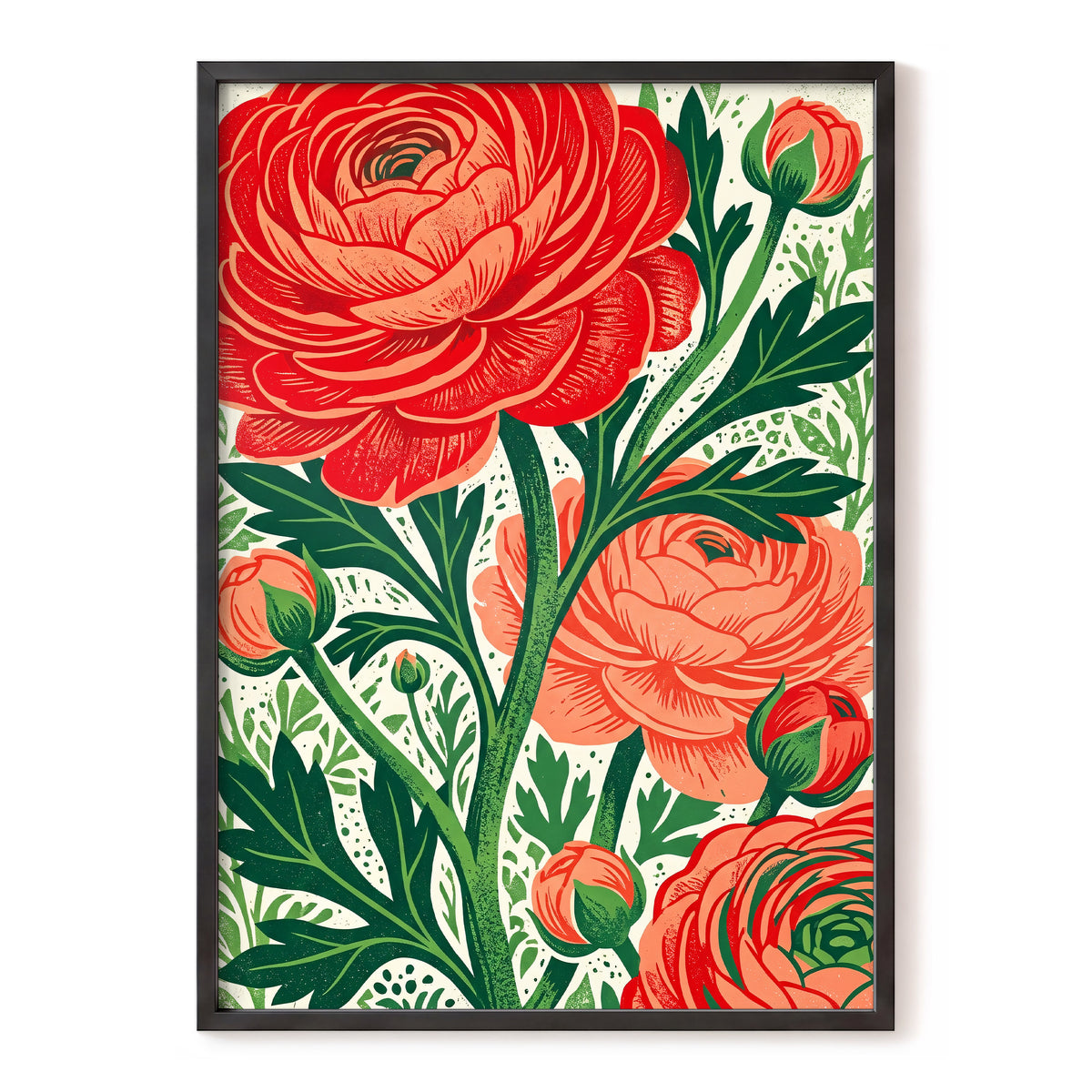Crimson Garden Rise, red, green, beige floral wall art, front artwork view