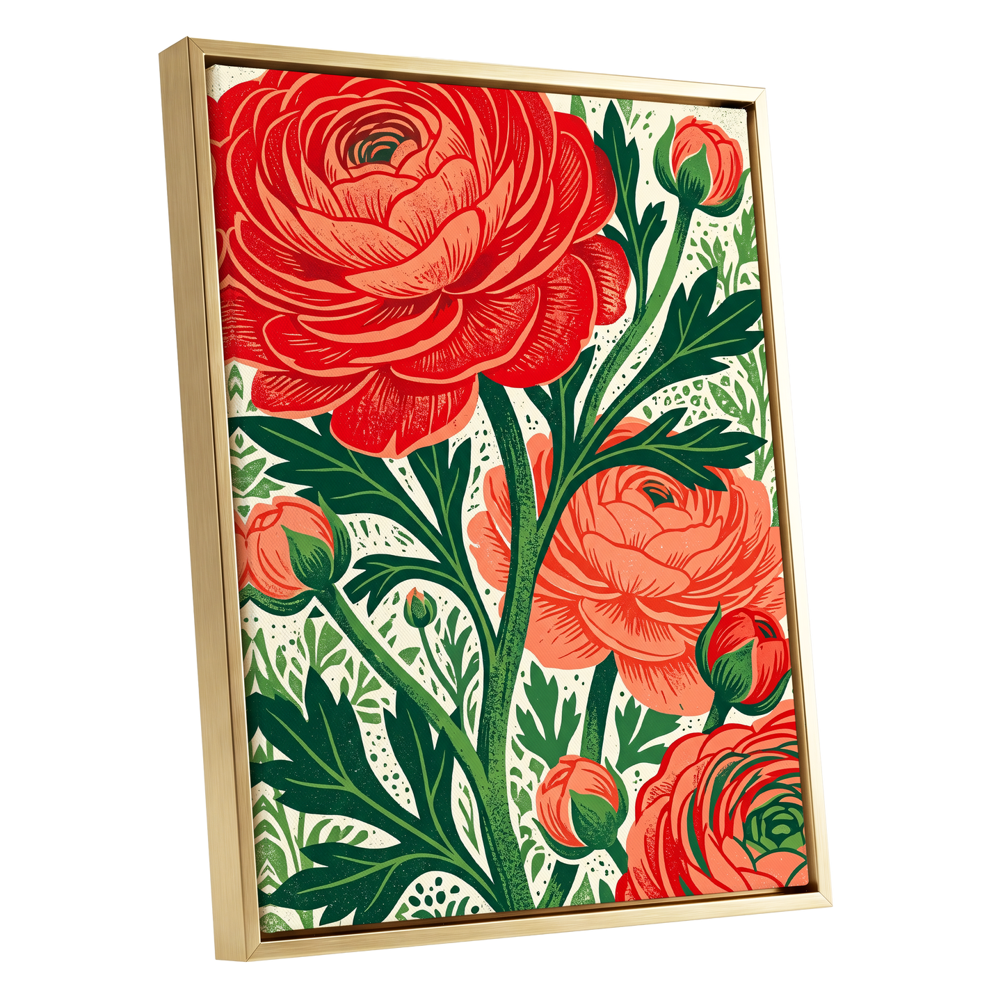 Crimson Garden Rise, red, green, beige floral wall art shown as a gold framed canvas wall art