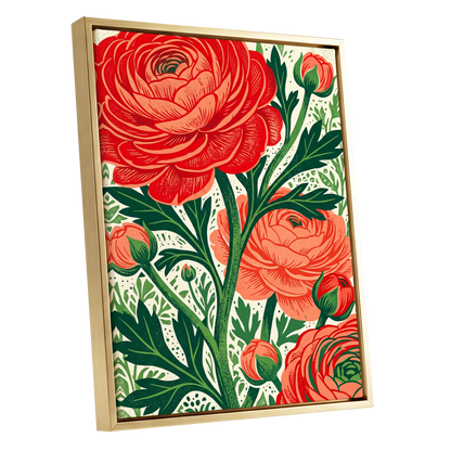 Crimson Garden Rise, red, green, beige floral wall art shown as a gold framed canvas wall art