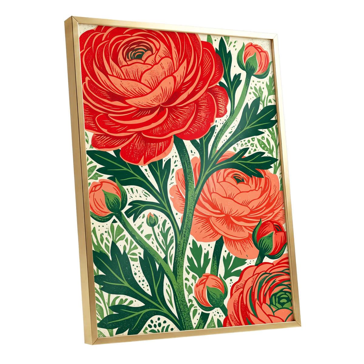 Crimson Garden Rise, red, green, beige floral wall art shown as a gold framed poster wall art print