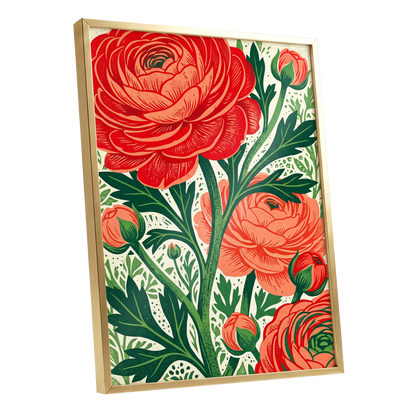 Crimson Garden Rise, red, green, beige floral wall art shown as a gold framed poster wall art print