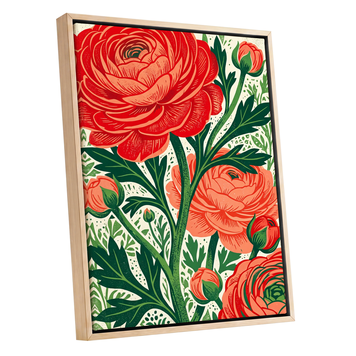 Crimson Garden Rise, red, green, beige floral wall art shown as a oak framed canvas wall art