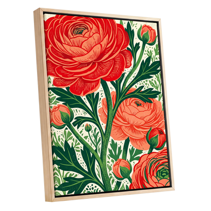 Crimson Garden Rise, red, green, beige floral wall art shown as a oak framed canvas wall art