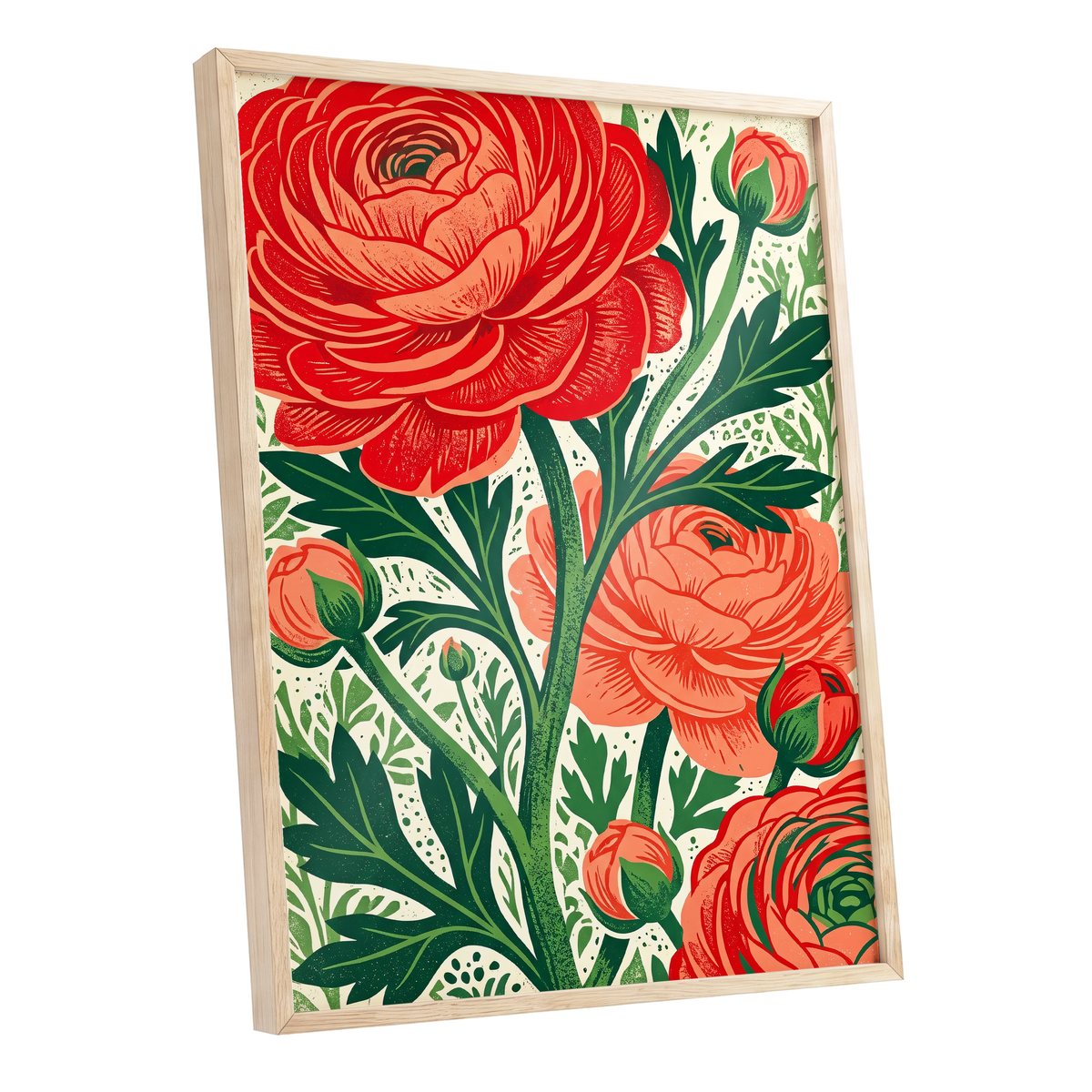 Crimson Garden Rise, red, green, beige floral wall art shown as a oak framed poster wall art print