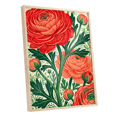 Crimson Garden Rise, red, green, beige floral wall art shown as a oak framed poster wall art print