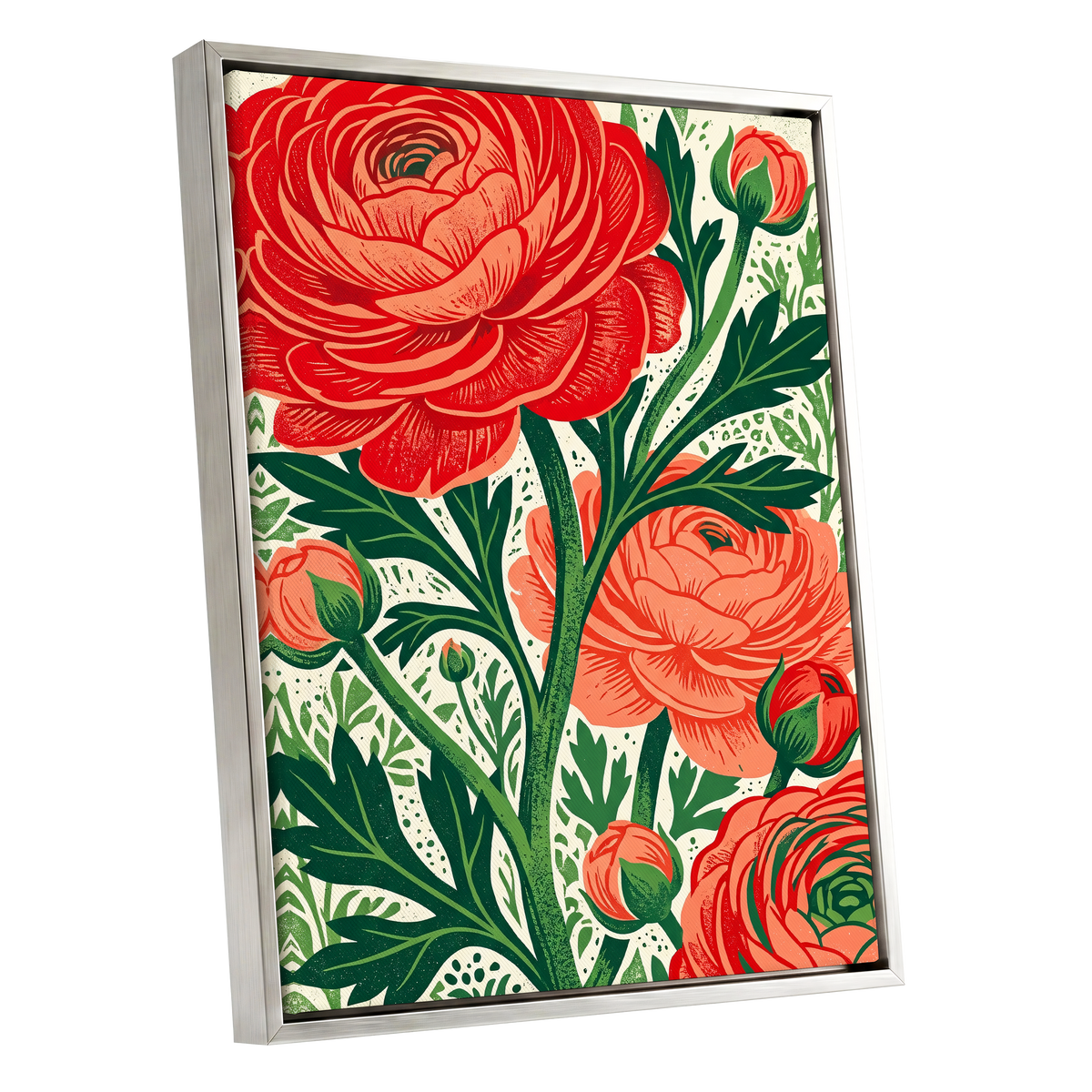 Crimson Garden Rise, red, green, beige floral wall art shown as a silver framed canvas wall art