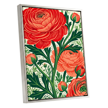Crimson Garden Rise, red, green, beige floral wall art shown as a silver framed canvas wall art